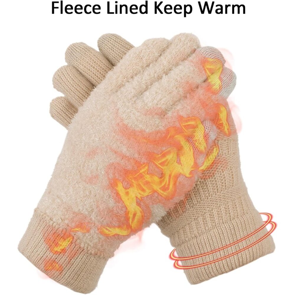 Womens Winter Touchscreen Gloves Cable Knit Warm Lined 3 Fingers Dual-layer Touc - Picture 4 of 6
